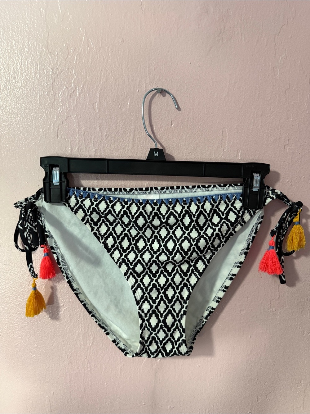 Black & White Geometric Tie-Side Bikini Bottom with Colorful Tassels